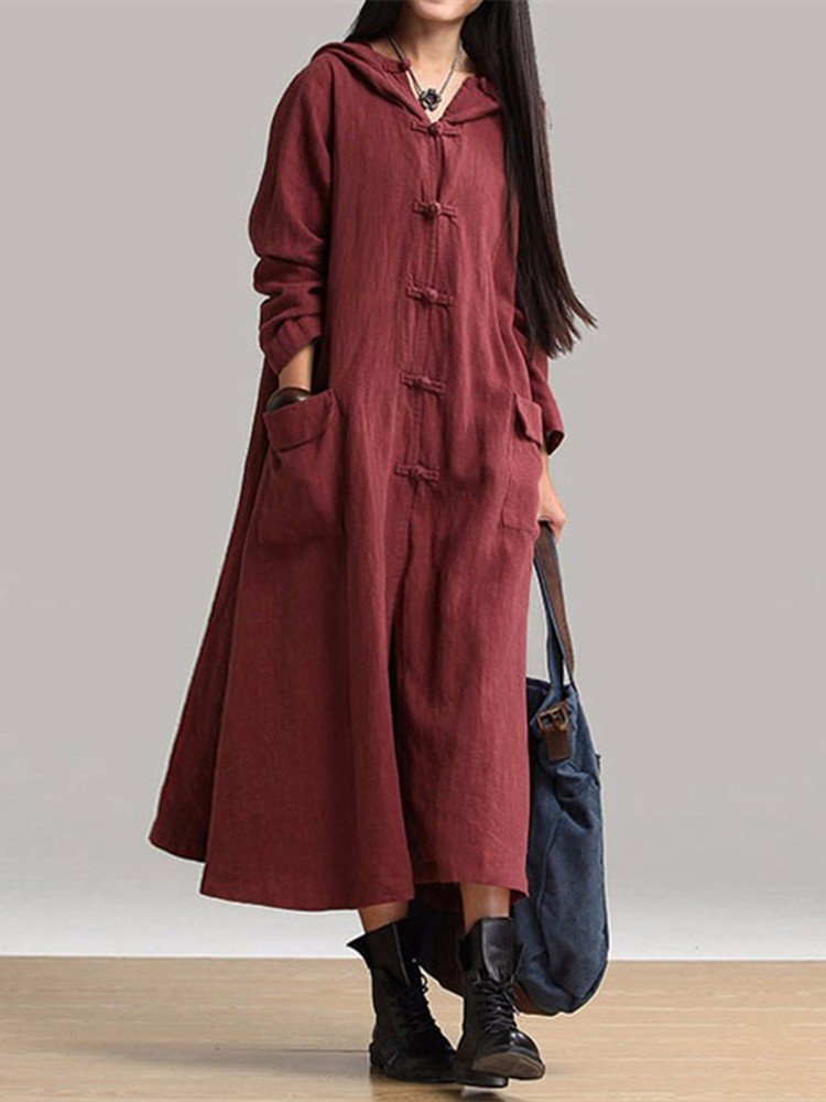 Vintage Frog Button Long Sleeve Hooded Maxi Coat Dresses