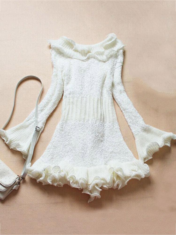 Elegant Knitting Patchwork Pleated Tie Horn Sleeve Women Coats