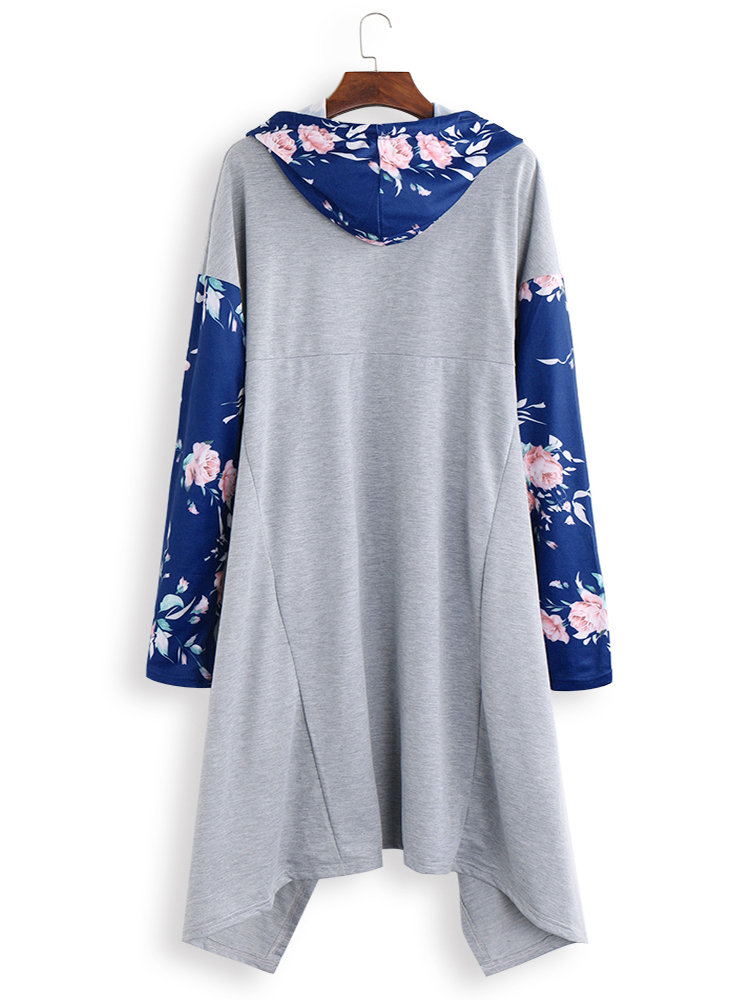Floral Print Patchwork Long Sleeve Asymmetrical Hoodie