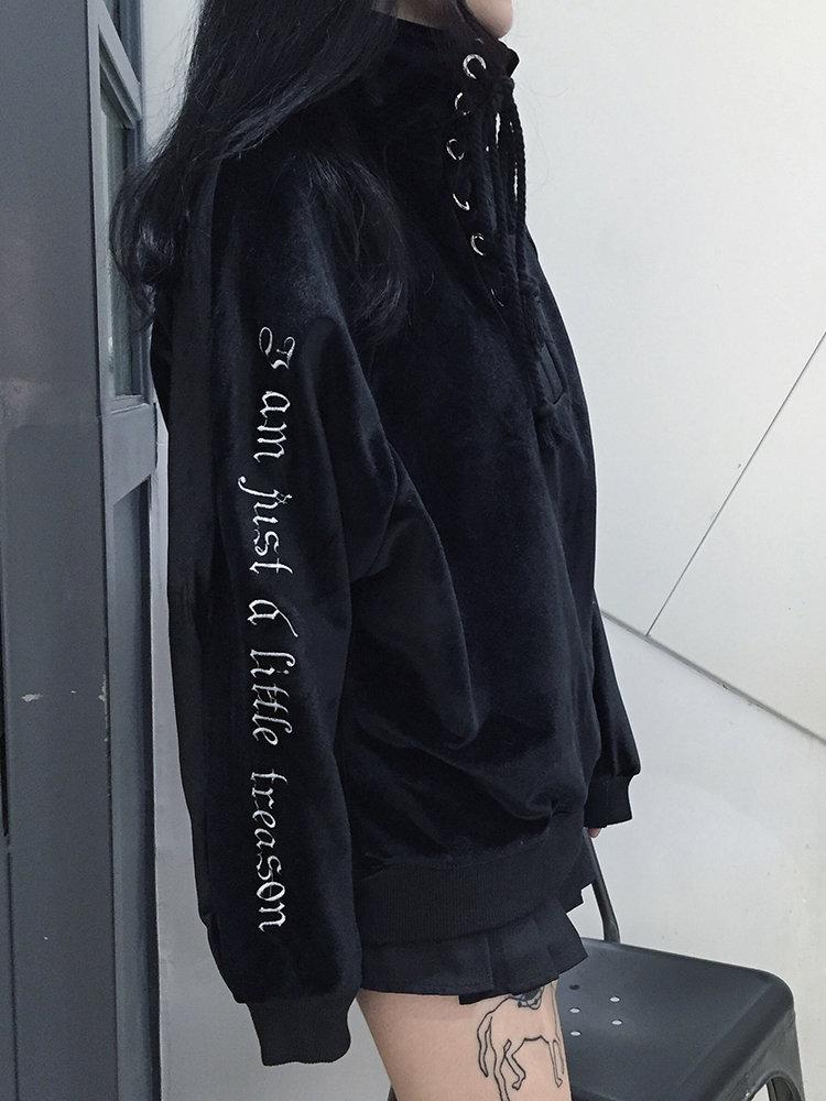 Casual Velvet Letter Print Bandage Turtleneck Women Sweatshirts